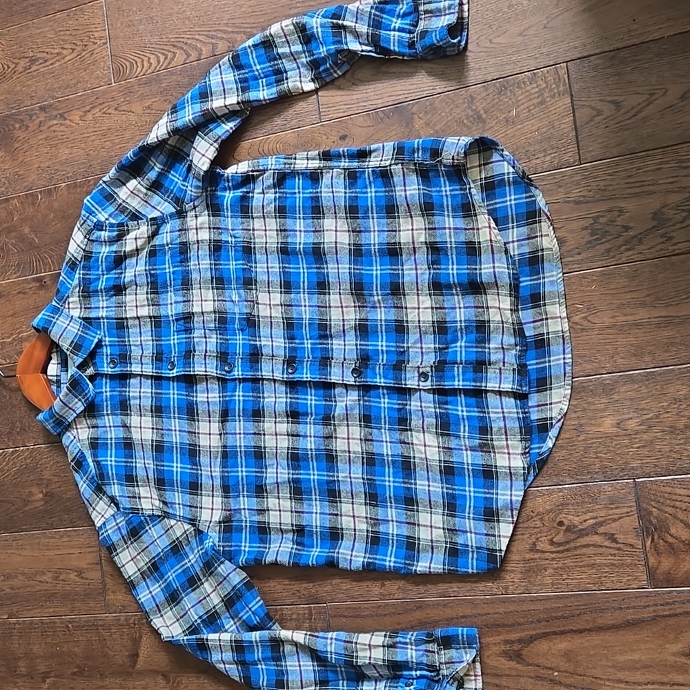 Urban Outfitters Flannel Shirt Mens L Blue Tan Black Long Sleeve Plaid Cotton